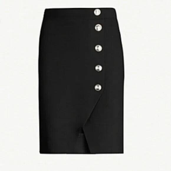 MAJE Jipy Pencil Skirt Button Front Black Straight Asymmetric Hem 38 S - Picture 1 of 9